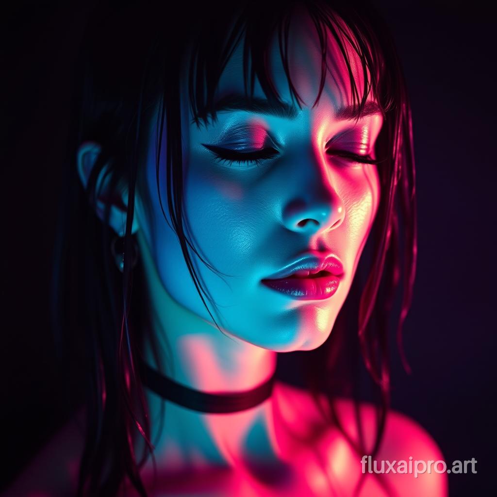 A striking, conceptual portrait of a gothic performer, illuminated by bright light reflections that create an ethereal and dreamy atmosphere. The subject's muted purple, pink, teal, and blue colors blend together seamlessly, drawing the viewer into a world of depth and mystery. The performer's closed eye and slightly parted lips convey a sense of calm or introspection, while her dark, wet hair adds to the overall allure. The soft backlighting, dark atmosphere, and vibrant colors make this piece a standout work of art, perfect for a poster, or illustration., graffiti, poster, portrait photography, conceptual art, illustration, cinematic, photo, vibrant, graffiti, fashion, painting, 3d render, product