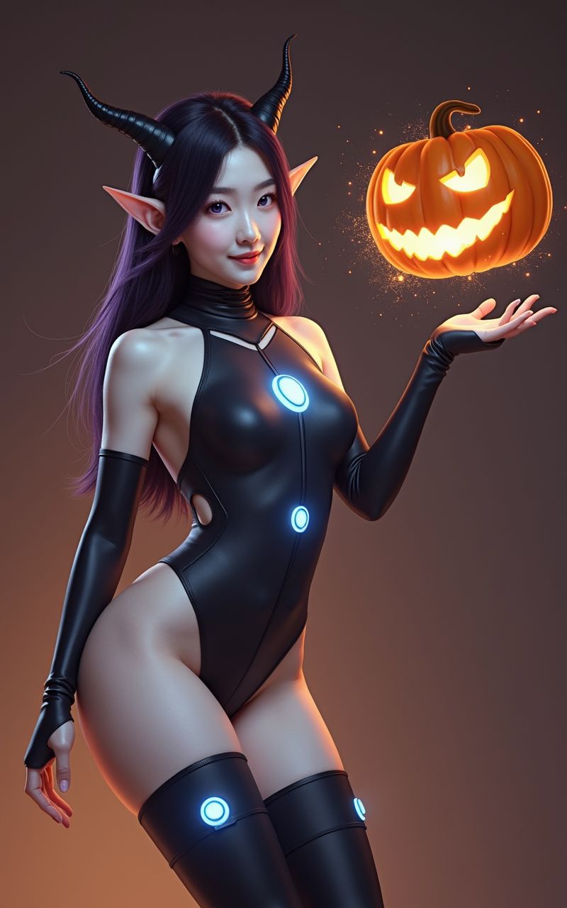 A realistic, full-body image of a beautiful young Asian woman with fair skin, combining elements of fashion and sci-fi fantasy. She has pointy ears, two small black horns on her temples, and long dark purple hair that flows down her back. Her eyes are also dark purple, adding to her mystical appearance. She is dressed in a sleek, high-tech, black one-piece swimsuit paired with black thigh-high leg warmers and arm warmers. The suit is adorned with light blue glowing dots strategically placed on her chest, hips, arms, and thighs, adding a futuristic touch. She stands confidently, reaching out her arms towards a floating, glowing jack-o-lantern. The jack-o-lantern emits glowing embers and sparks from its mouth and eyes. With an alluring smile, she gazes at the viewer, her figure beautifully illuminated against a dark background, highlighting her state-of-the-art sci-fi attire.