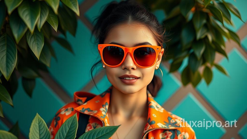 Portrait of a young woman wearing orange sunglasses and a floral-patterned orange jacket, teal geometric background, soft lighting, green leaves surrounding, vibrant colors, photorealistic, 16:9